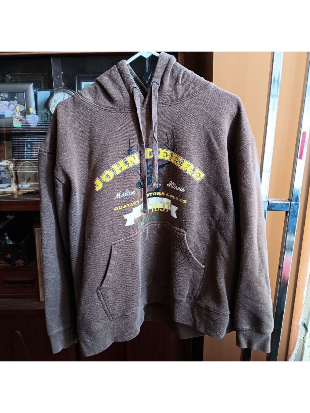 XL John Deere Brown Pullover Hoodie Kangaroo Pocket Drawstring Hood Farmer